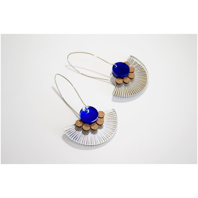 Earrings silver plexiglas- Wood & blue