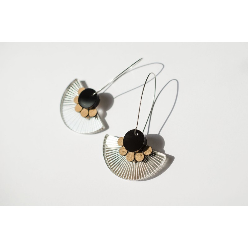 Earrings silver plexiglas - Wood & black