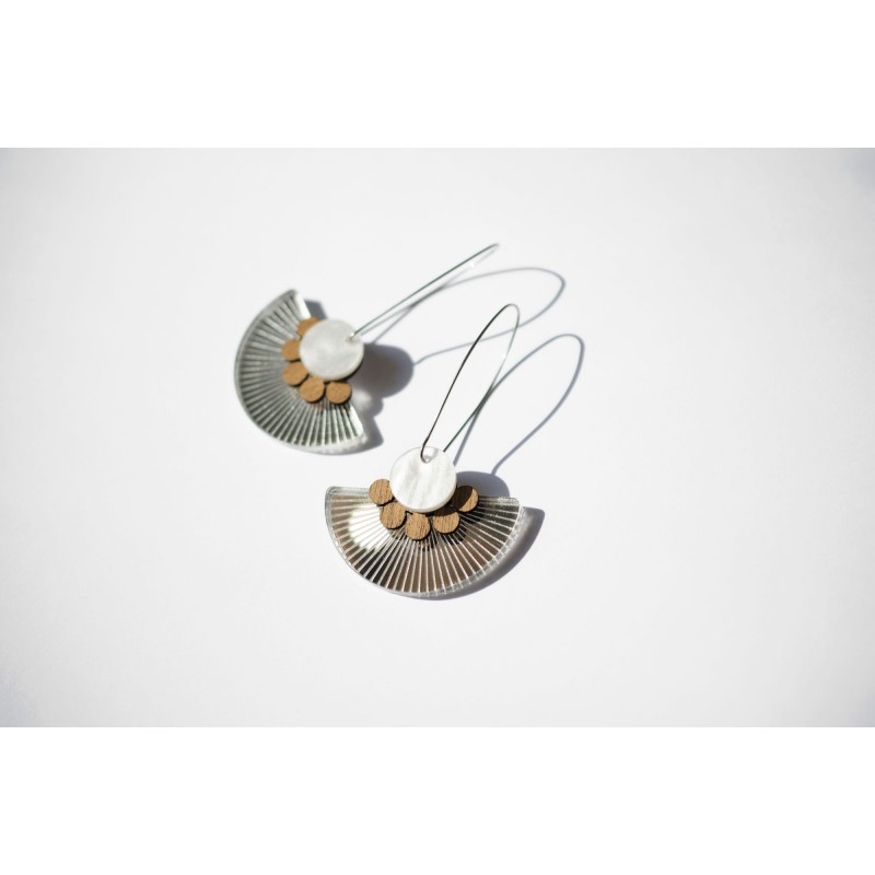 Earrings silver plexiglas - Wood & white